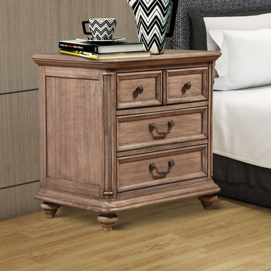 2 Drawer Wooden Nightstand with Turned Legs, Natural Brown
