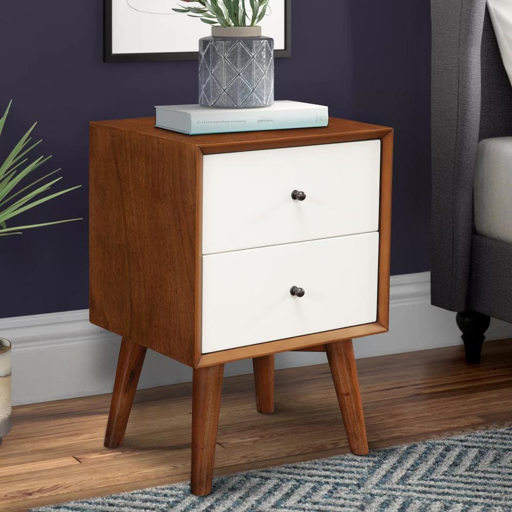 Nightstand | Stylish | 2 Drawers | Flared Legs | Brown & White