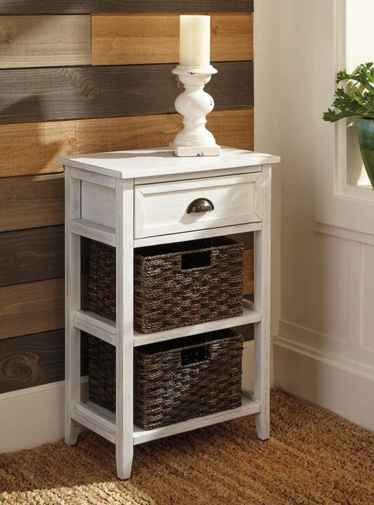 Cottage Style Wooden Accent Table with Two Woven Storage Baskets, White and Brown By Casagear Home