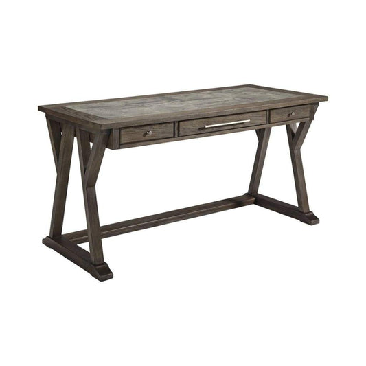 Three Drawer Wooden Desk with Cross Brace Stretcher and Faux Bluestone Top, Gray - H741-44 By Casagear Home
