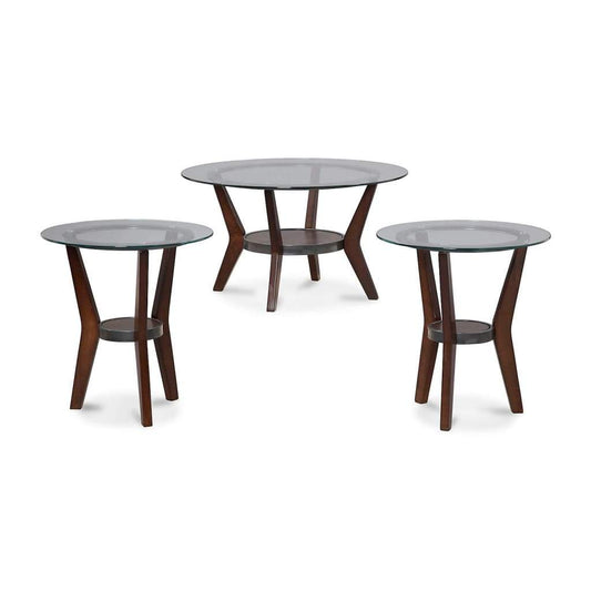 Round Wooden Table Set with Glass Top and Lower Shelf, Set of Three, Brown and Clear - T210-13 By Casagear Home