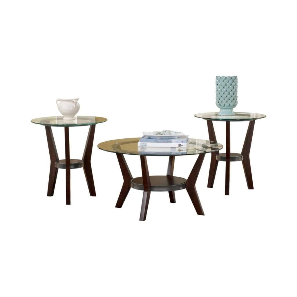 Round Wooden Table Set with Glass Top and Lower Shelf Set of Three Brown and Clear - T210-13 AYF-T210-13