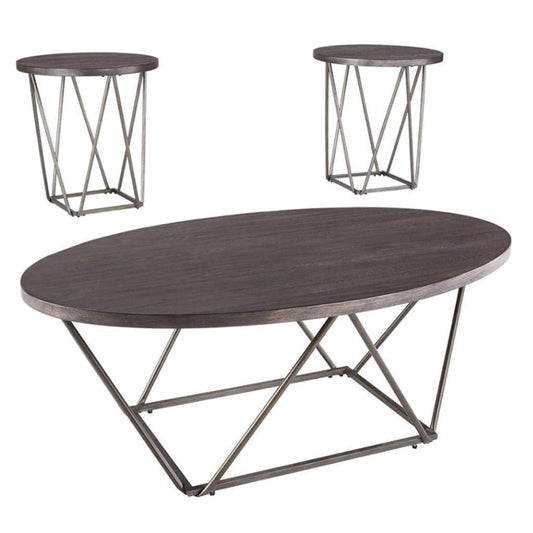Elm Wood Table Set with Bridge Truss Metal Base, Set of Three, Brown and Gray - T384-13 By Casagear Home