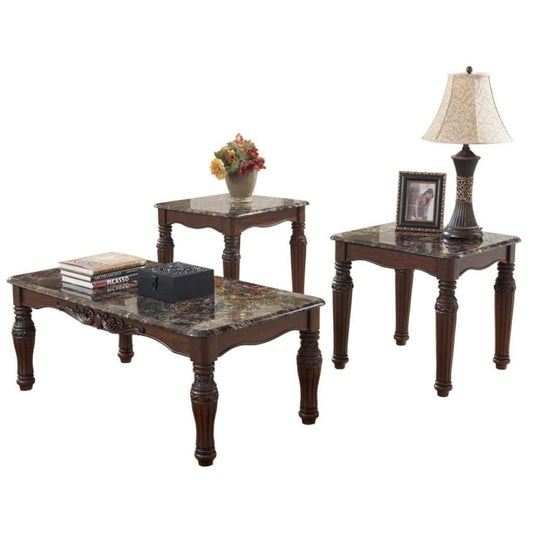 Traditional Style Wooden Table Set with Turned Legs and Faux Marble Top, Set of Three, Dark Brown - T533-13 By Casagear Home