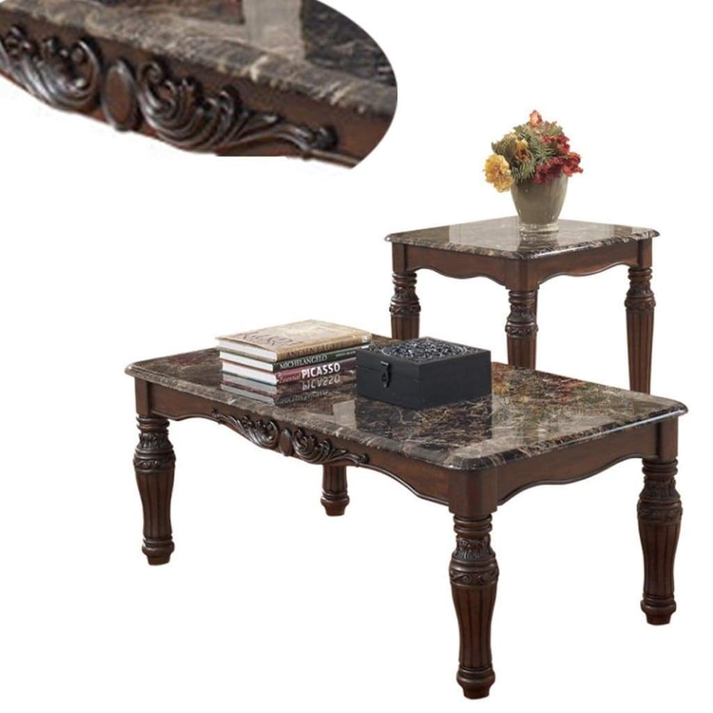 Traditional Style Wooden Table Set with Turned Legs and Faux Marble Top Set of Three Dark Brown - T533-13 AYF-T533-13