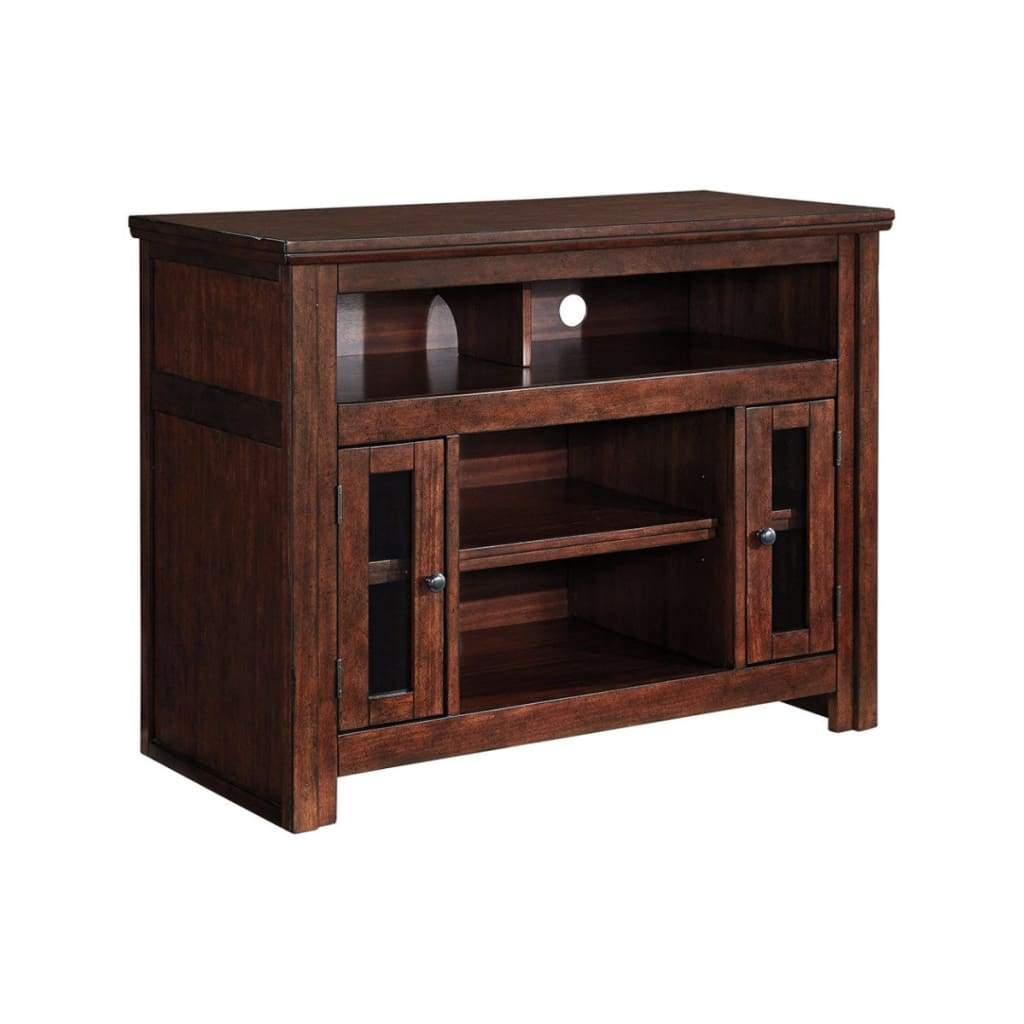 Wooden TV Stand with Two Glass Inserted Door Cabinets and Open Shelves Brown - W797-18 AYF-W797-18
