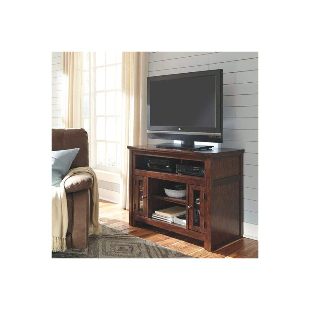 Wooden TV Stand with Two Glass Inserted Door Cabinets and Open Shelves, Brown - W797-18 By Casagear Home