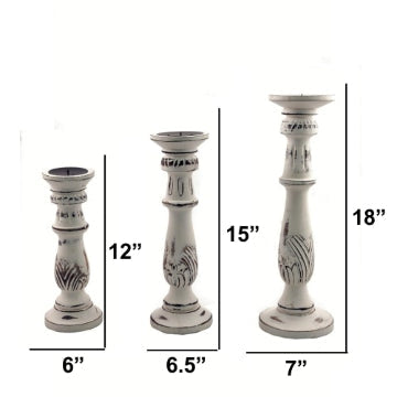 Distressed Mango Wood Pillar Shaped Candle holder Set of 3 White By Benzara 51519