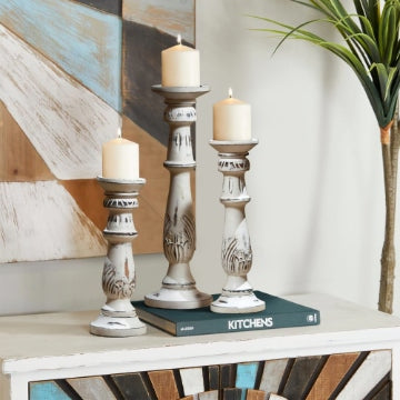 Distressed Mango Wood Pillar Shaped Candle holder, Set of 3, White By Casagear Home