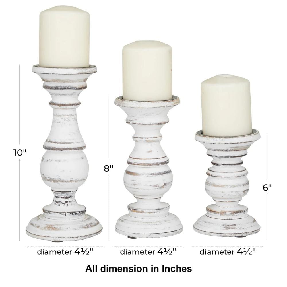 Turned Design Wooden Candle Holder with Distressed Details Set of 3 White By Benzara 51535