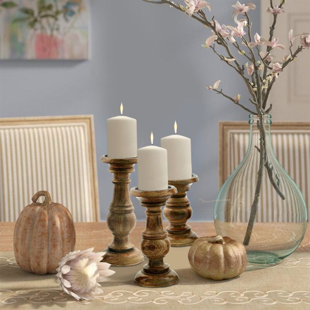 Pillar Shaped Wooden Candle Holder Set of 3 Brown 51536