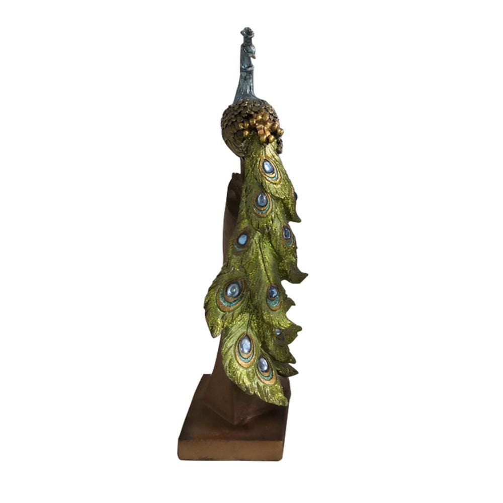 Polystone Decorative Peacock Figurine with Block Stand Green and Gold By Casagear Home BM04276