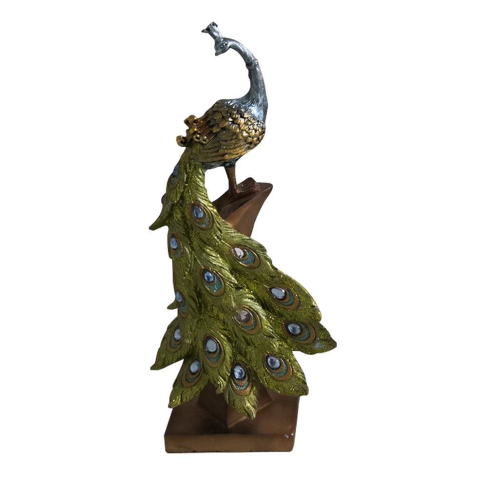 Polystone Decorative Peacock Figurine with Block Stand Green and Gold By Casagear Home BM04276