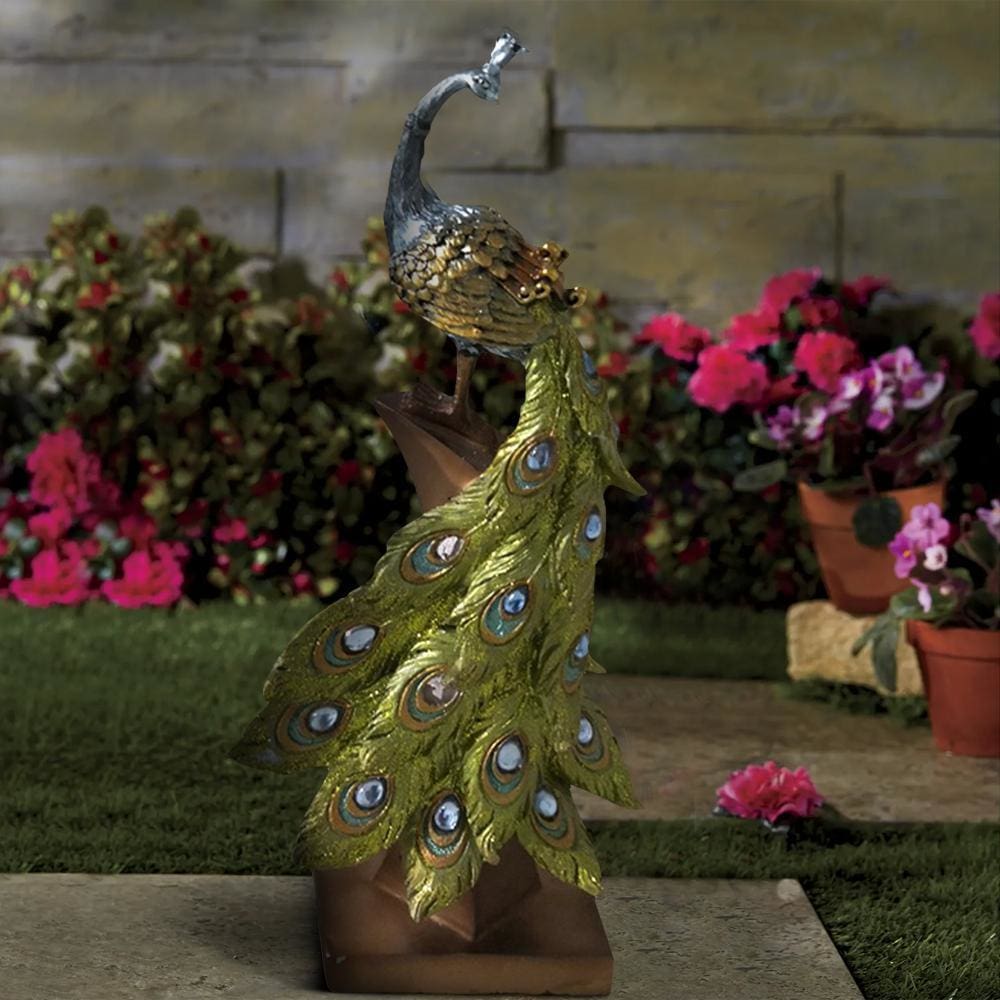 13" Polystone Peacock Figurine with Block Stand, Green & Gold  By Casagear Home