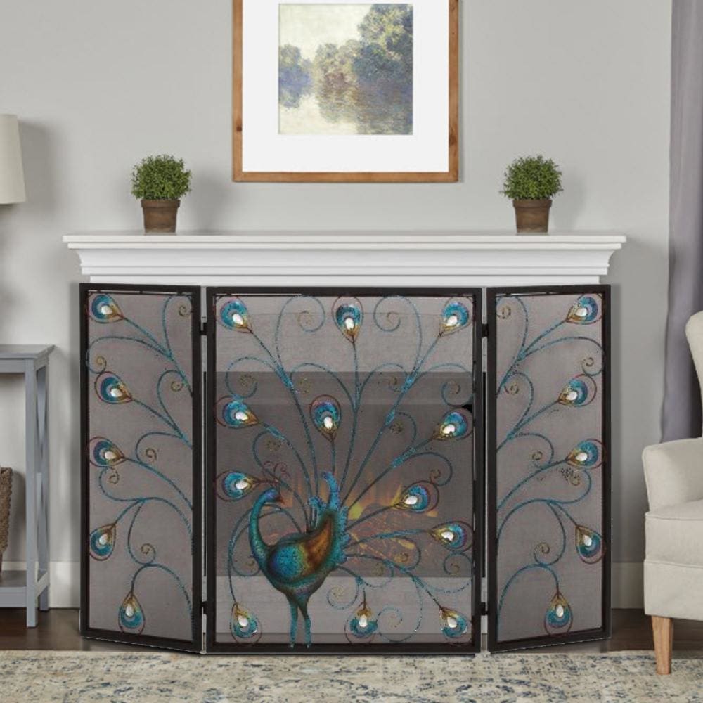 Peacock Themed Metal 3- Panel Fireplace Screen, Multicolor By Benzara
