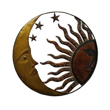 21 Inch Handcrafted Sun and Moon Accent Wall Decor Round Metal Wall Mount Rustic Gold Bronze BM05395