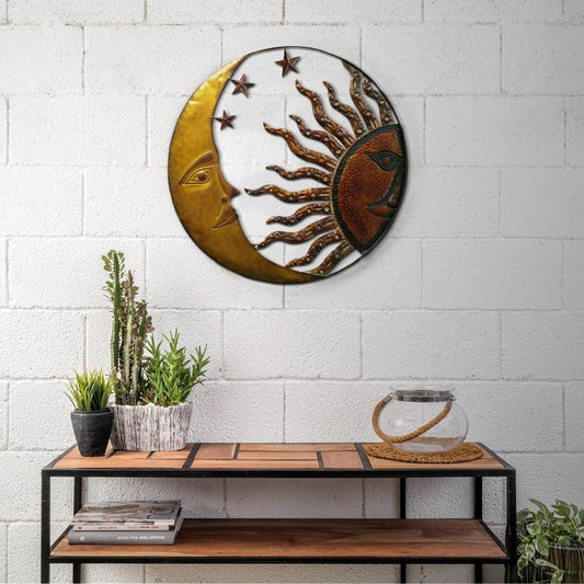 21 Inch Handcrafted Sun and Moon Accent Wall Decor, Round Metal Wall Mount, Rustic Gold, Bronze
