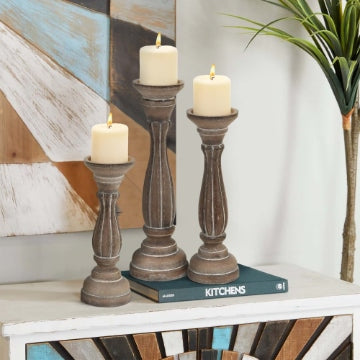 Taki Handmade Wooden Candle Holder with Pillar Base Support, Distressed Brown, Set of 3 By Casagear Home
