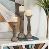 Handmade Wooden Candle Holder with Pillar Base Support, Distressed Brown, Set of 3