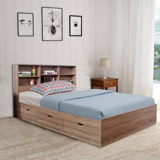 Sui Wooden Full Size Bed Frame with 3 Drawers and Grain Details, Taupe Brown By Casagear Home