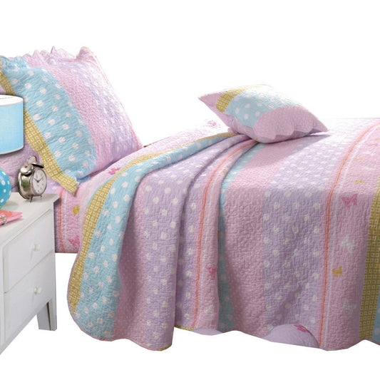 Nestos Fabric 3 Piece Queen Quilt Set with Polka Dots and Stripes Pattern, Pink By Casagear Home