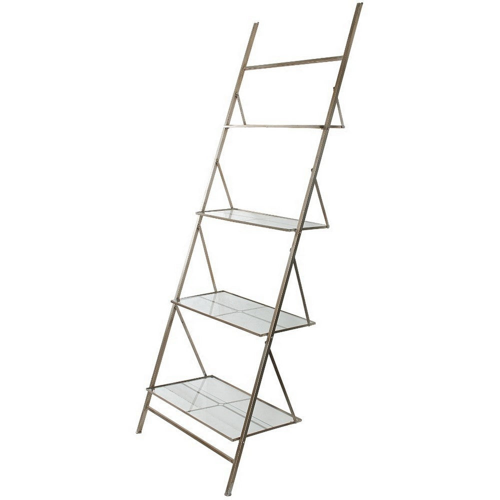 94 Inch 4 Tier Metal Frame Shelf, Ladder Style, Glass, Antique Silver By Casagear Home