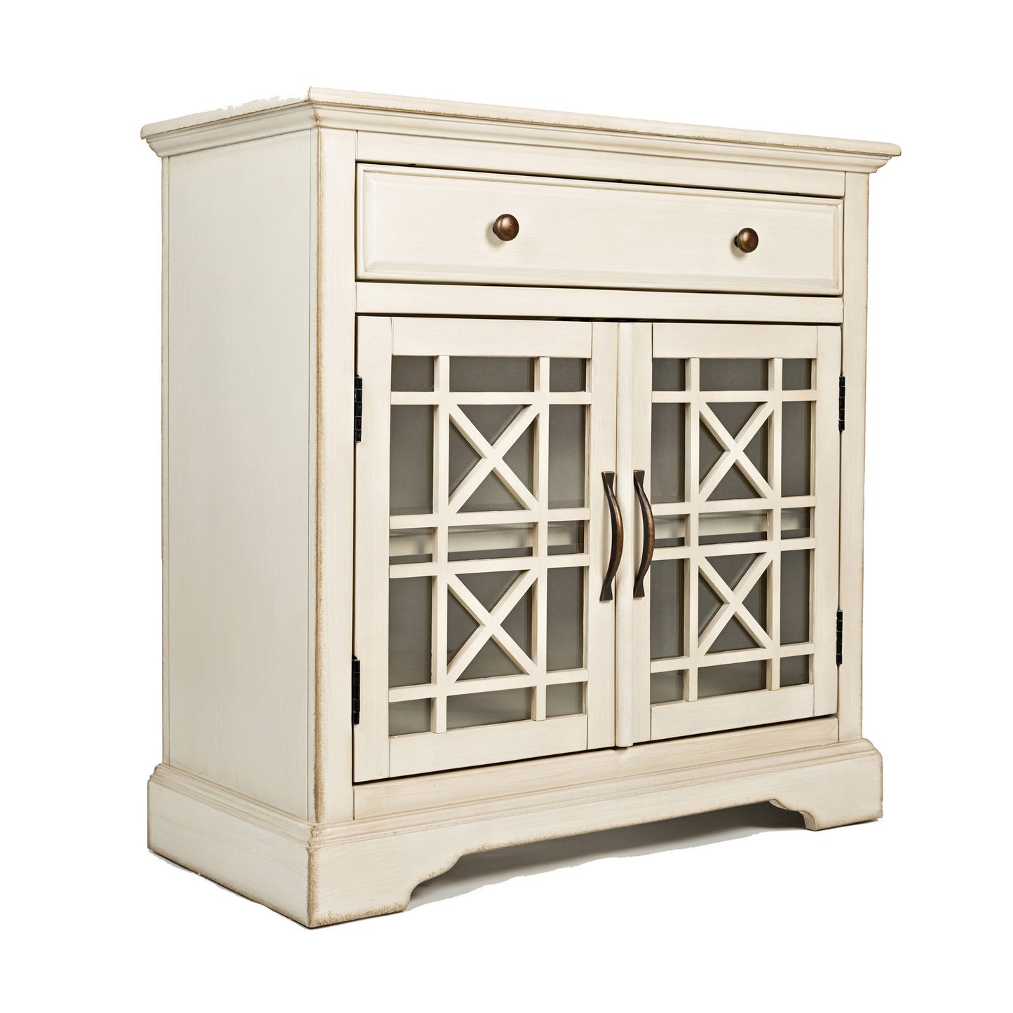 Koi 32 Inch Acacia Wood Accent Cabinet Console, 2 Fretwork Tempered Glass Doors, 1 Shelf, Antique White