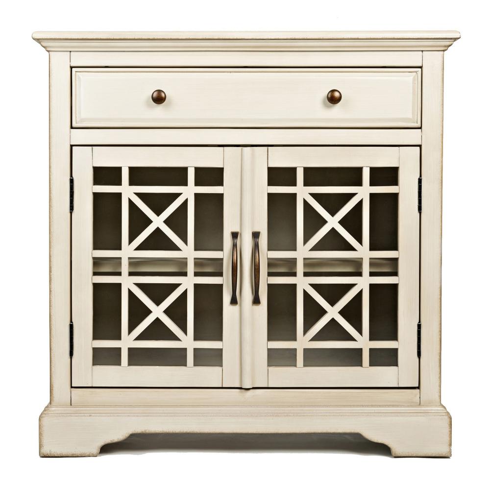 Koi 32 Inch Acacia Wood Accent Cabinet Console 2 Fretwork Tempered Glass Doors 1 Shelf Antique White BM181497