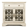Koi 32 Inch Acacia Wood Accent Cabinet Console 2 Fretwork Tempered Glass Doors 1 Shelf Antique White BM181497