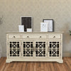 Koi 60 Inch Acacia Wood Sideboard Buffet TV Entertainment Console, 4 Fretwork Glass Doors, Antique White