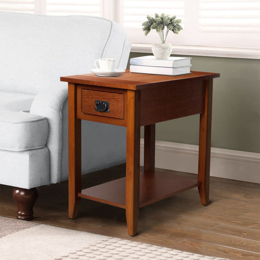 Transitional Wooden Chair Side End Table with Drawer and Open Shelf, Brown