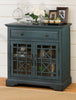 Craftsman Series 32 Inch Wooden Accent Cabinet with Fretwork Glass Front Blue By Casagear Home BM183988