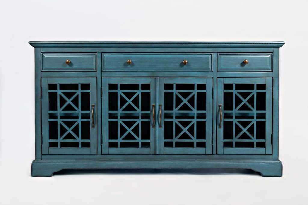 Craftsman Series 60 Inch Wooden Media Unit with 3 Drawers, Antique Blue By Benzara