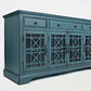 Koi 60 Inch Acacia Wood TV Media Entertainment Center Console 4 Glass Doors Crossed Wood Design Antique Blue BM183989