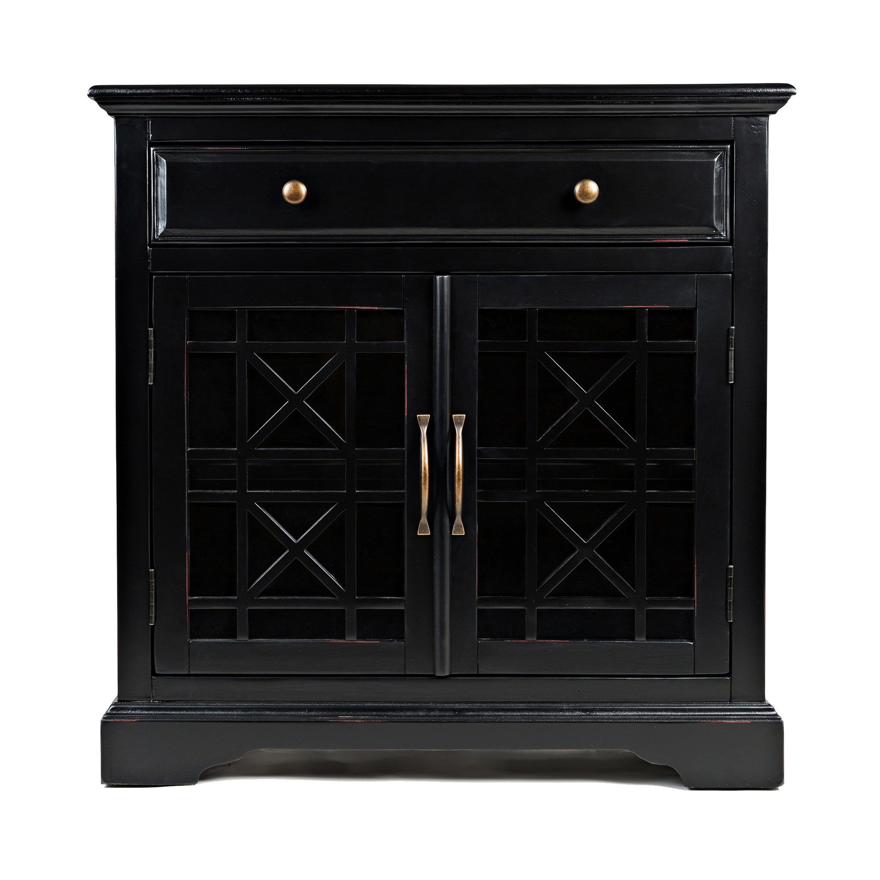 Craftsman Series 32" Wooden Accent Cabinet with Fretwork Glass Front, Black