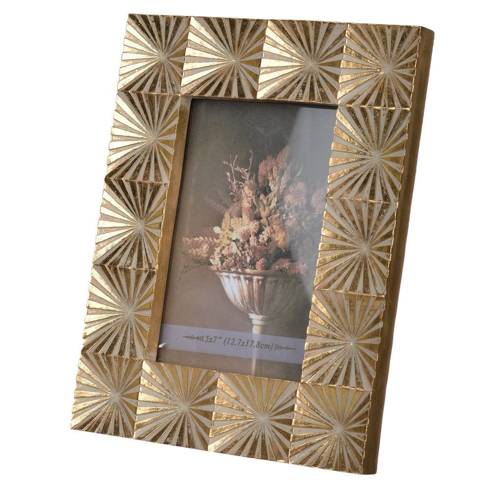 Rectangular Shaped Polyresin Photo Frame with Mirror and Pyramid Like Design , Gold By Casagear Home
