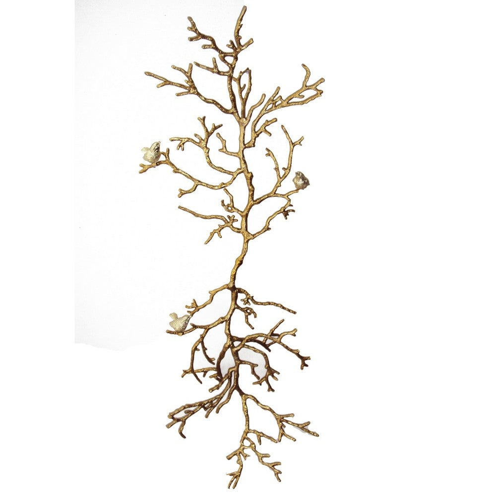 Branch Shape Aluminum Wall D‹¨«cor with Four Bird Accents, Gold By Casagear Home