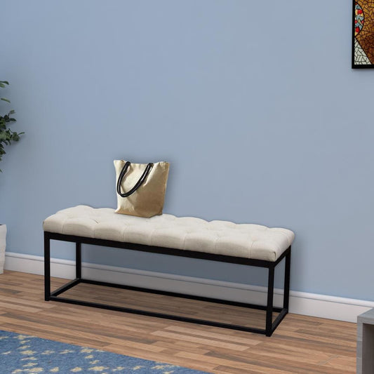 Bench | Metal Frame | Linen Upholstered | Diamond Tufted | Beige & Black