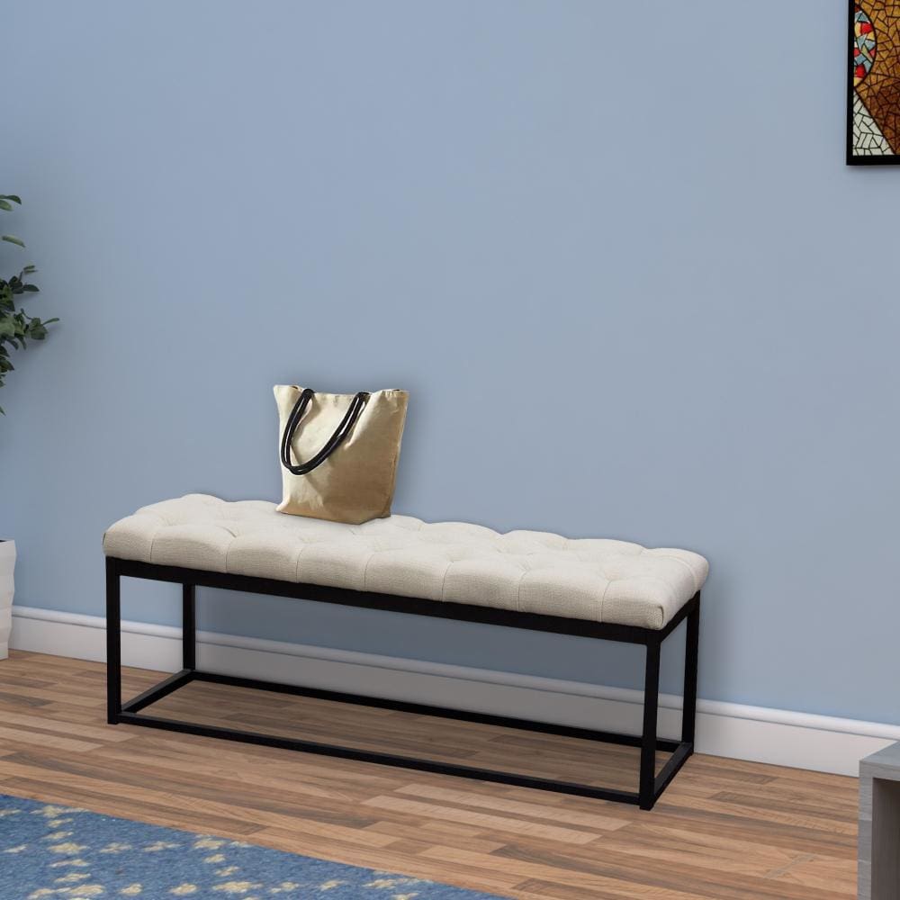 Bench | Metal Frame | Linen Upholstered | Diamond Tufted | Beige & Black