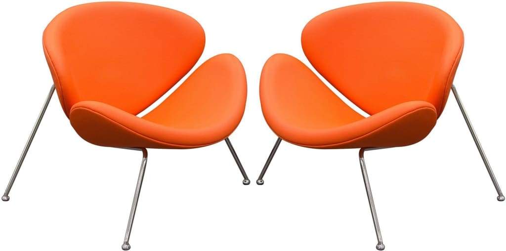 Modern Leatherette Upholstered Accent Chair with Angled Metal Legs, Set of Two, Orange and Silver - BM192120