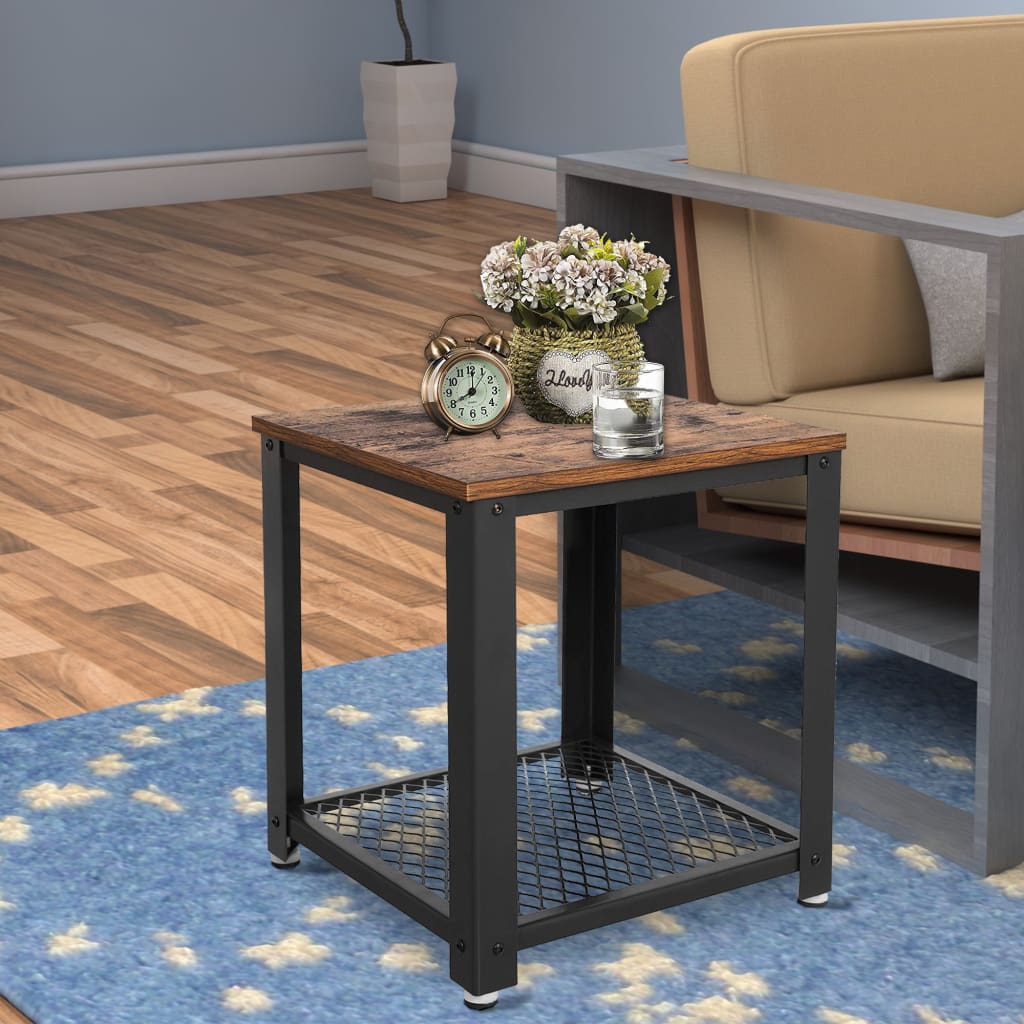 Metal Frame End Table with Wooden Top and Wide Mesh Bottom Shelf, Brown and Black By Casagear Home