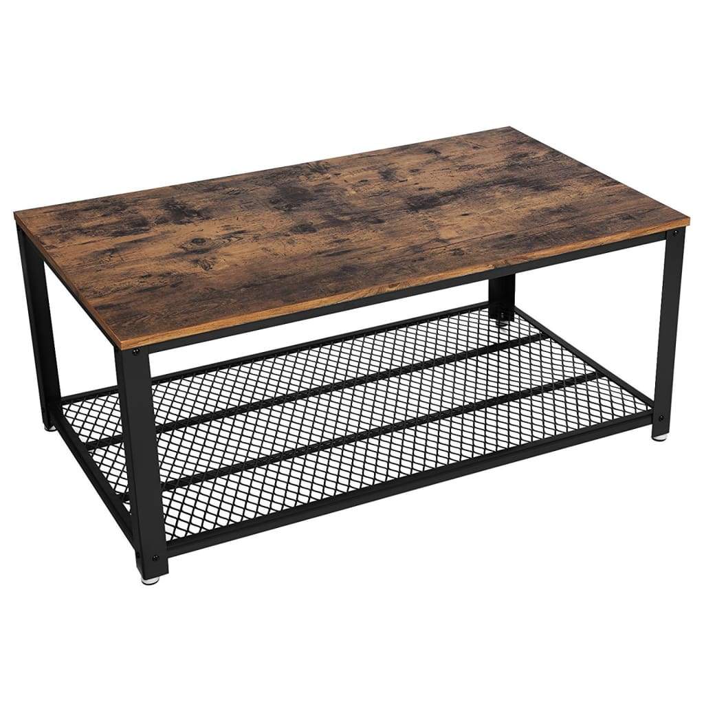 Metal Frame Coffee Table with Wooden Top and Mesh Bottom Shelf, Brown and Black By Casagear Home