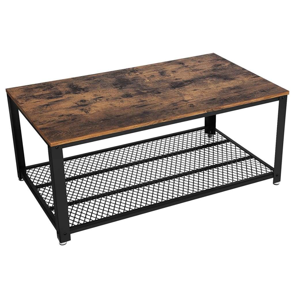 Coffee Table | Metal Frame | Wood Top | Mesh Shelf | Brown & Black
