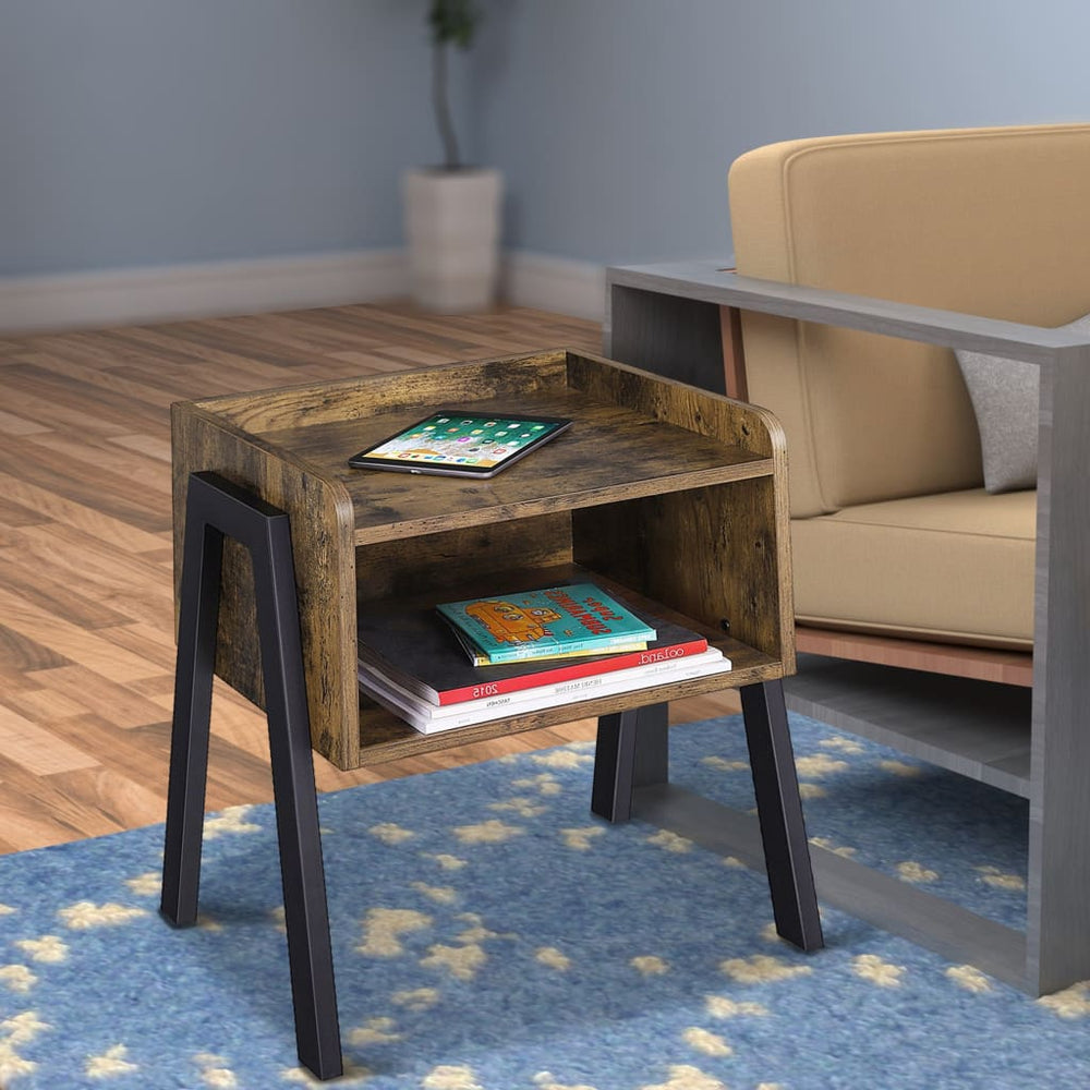 End Table | Stackable | Wood & Iron | Storage Compartment | Brown & Black
