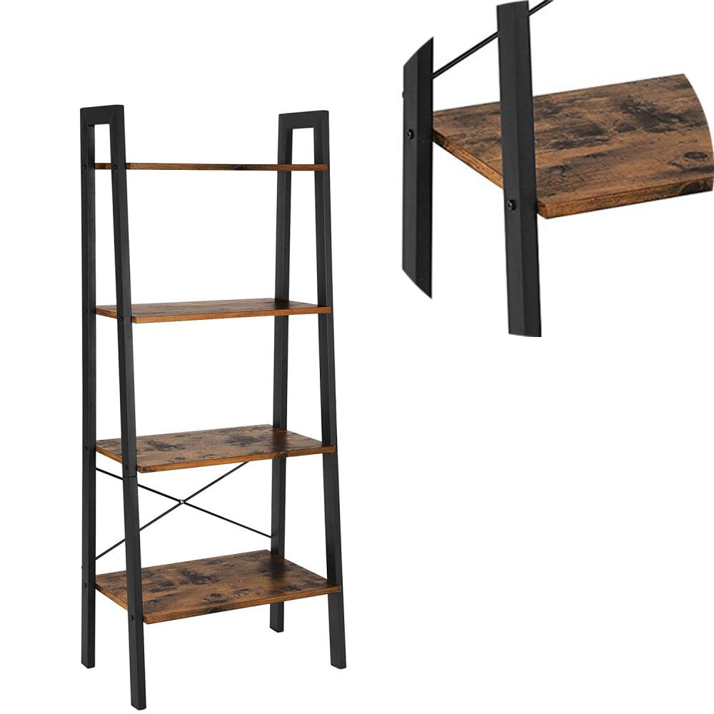 4 Tiered Rustic Wooden Ladder Shelf with Iron Framework Brown and Black By Casagear Home BM193923