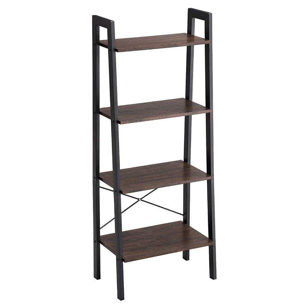 Iron Framed Ladder Style Storage Shelf with Four Wooden Shelves, Brown and Black - BM195817 By Casagear Home