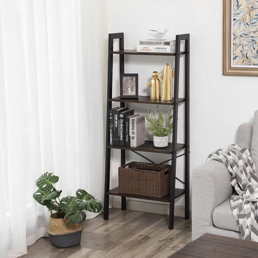 Iron Framed Ladder Style Storage Shelf with Four Wooden Shelves, Brown and Black - BM195817 By Casagear Home