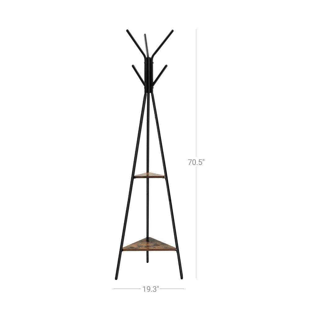 Iron Framed Coat Rack Stand with Six Hooks and Two Wooden Shelf Black and Brown - BM195833 BM195833
