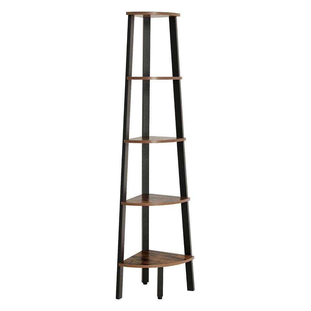 Five Tier Ladder Style Wooden Corner Shelf with Iron Framework, Brown and Black - BM195835 By Casagear Home