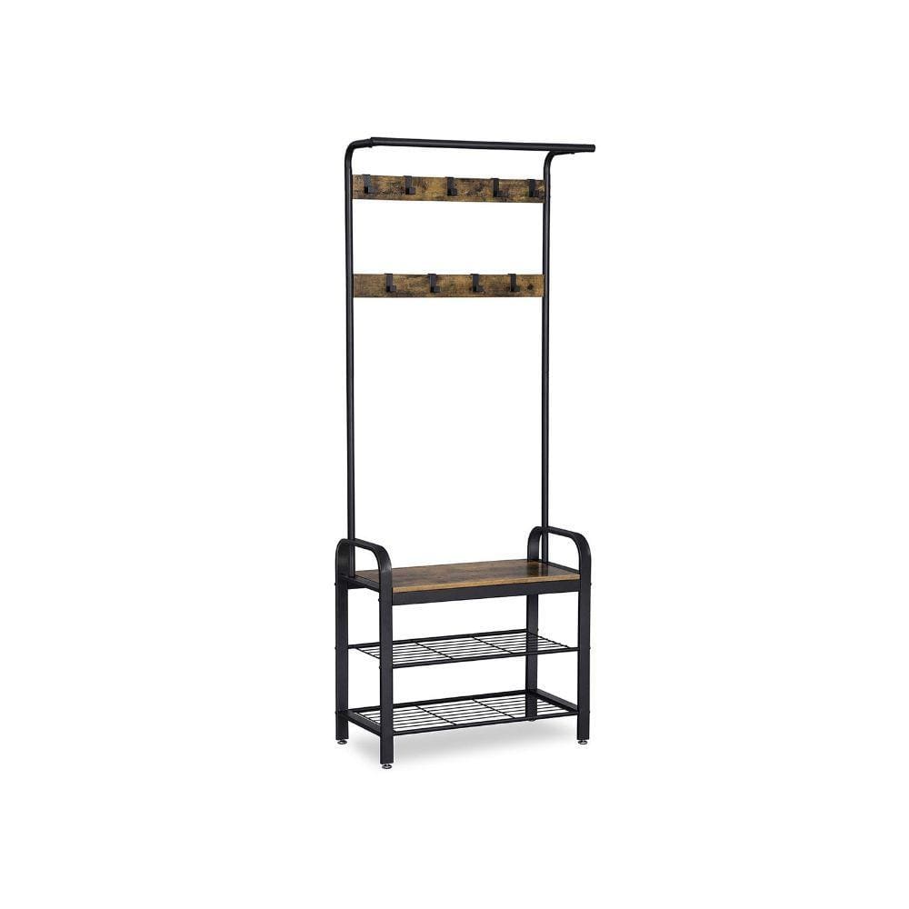72" 9-Hook 2-Shelf Shoe Bench Hall Tree, Brown and Black By Casagear Home